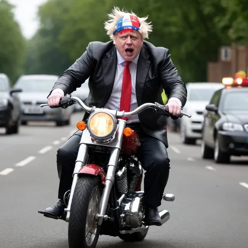 Prompt: Boris Johnson dressed as Meatloaf singing Twat out of hell, riding a Harley Davison

