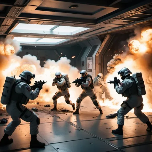 Prompt: Soldiers in advanced body armour firing at enemies who are charging towards them with Explosions and fire filled the space station where they are fighting. On the floor, soldiers where being injured and crawling towards safety