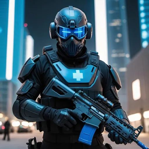 Prompt: A soldier with blue cross eyed purge mask wearing black body armour whilst wielding a blue assault rifle standing in front of a futuristic city