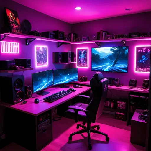 Prompt: Anime gamer room with a lot of LED's background