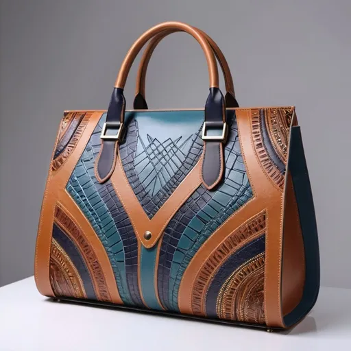 Prompt: Modern-classic leather bag for women and men , African  patterns, etched designs, mixed colors, high quality, detailed, luxurious, Postmodern elegant, classy, modern fusion, intricate detailing, professional lighting, rich colors, leather fabric and metal craftsmanship, chic, sophisticated, timeless design, high-end fashion, stylish, -contemporary touch 