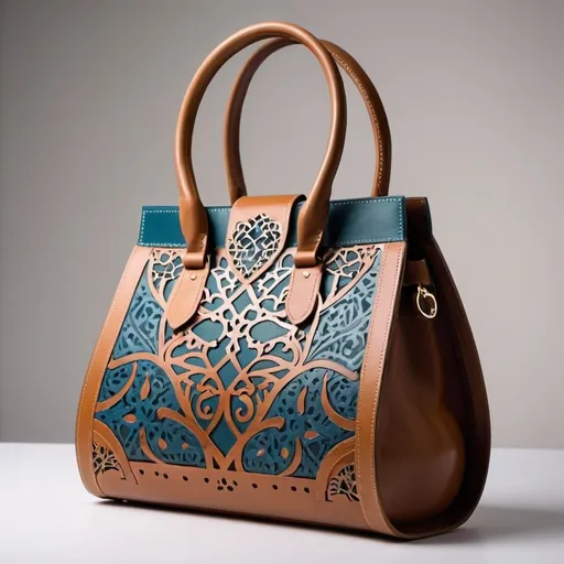 Prompt: Modern-classic leather bag for women, Arabesque patterns, etched designs, stenciled colors, high quality, detailed, luxurious, Arabian, elegant, classy, classic-modern fusion, intricate detailing, professional lighting, rich colors, leather craftsmanship, chic, sophisticated, timeless design, artisanal, handcrafted, high-end fashion, stylish, traditional-meets-contemporary, arabesque-inspired, classic elegance