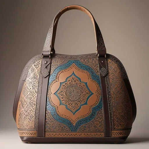 Prompt: create  a modern with classic touch  leather bag for women featuring Arabian patterns with etched designs and stenciled colors