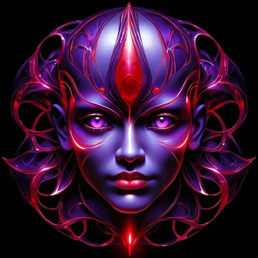Prompt: Vowelized face, dark color, symmetrical, outlined with a bright red and purple glow, dark background, ultra detailed,