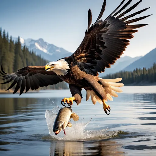 Prompt: Generate a compelling image capturing the intense moment of an eagle swooping down over a lake, skillfully using its powerful claws to (((catch a fish))) from the water. Emphasize the dynamic action of the eagle in mid-flight and the vivid details of the interaction between predator and prey in this natural setting