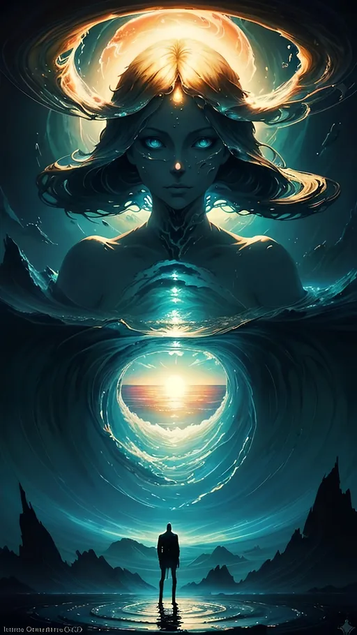 Prompt: 3D double exposure, double masking, concept art beautiful  woman, surrounded by a dynamic swirl of water against a background of sea and sky, highly detailed face, with the neck and part of the shoulders visible. A swirl of water surrounds the person's head, creating a visually stunning effect. man standing in front of a mountain range with a sun in the background and a sky with clouds, Anato Finnstark, fantasy art, dark fantasy art,