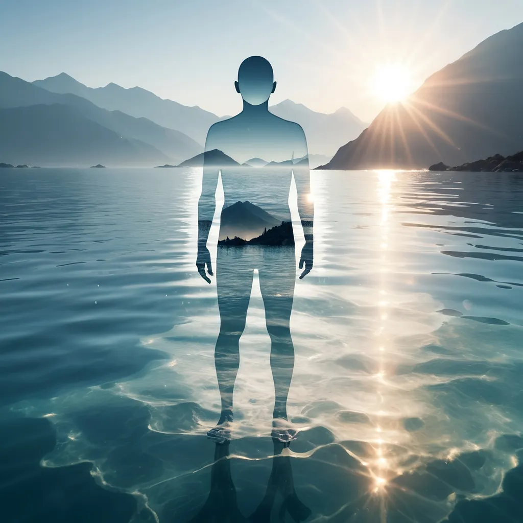 Prompt: Double exposure 3D , close up background ocean, mountains and setting sun,(((transparent water person,))) a (((person made of lots of transparent water)))  person is transparent like water. Full figure from head to toes