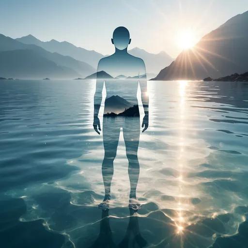 Prompt: Double exposure 3D , close up background ocean, mountains and setting sun,(((transparent water person,))) a (((person made of lots of transparent water)))  person is transparent like water. Full figure from head to toes