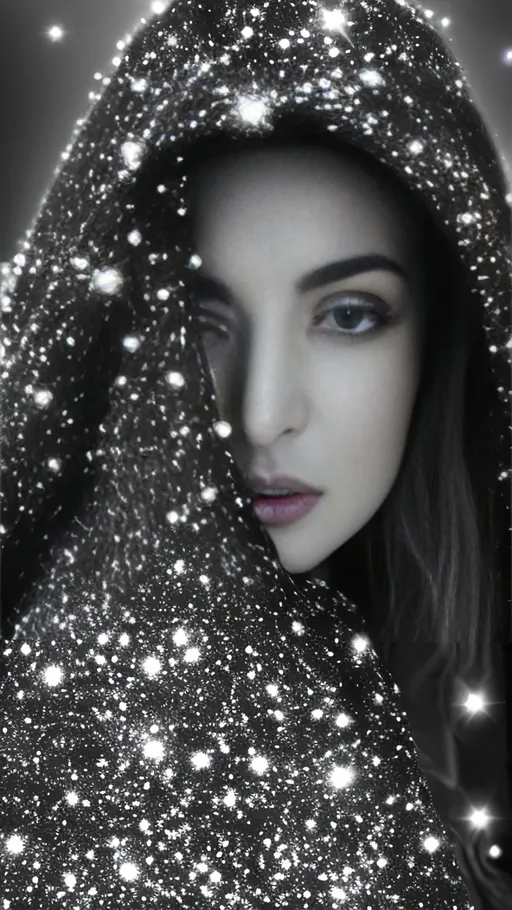 Prompt: “In a realm where darkness prevails, a Mesmerizing woman dressed in a cloak (black)with an hood. The hood is pulled up around her head.  (((The cloak has galaxies all over it.))) shrouded in mystery. Shimmering lights dance around, like stars caught in an eternal waltz. What story unfolds in this celestial obscurity. The woman is facing to the right. Red wet lips and watery eyes