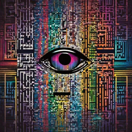 Prompt: a prismatic dotted face made of patterns, QR codes, optical illusion, barcode background, abstract colorful lines, sci-fi core, symmetrical abstract lines, duotone colors, trending on artstation 