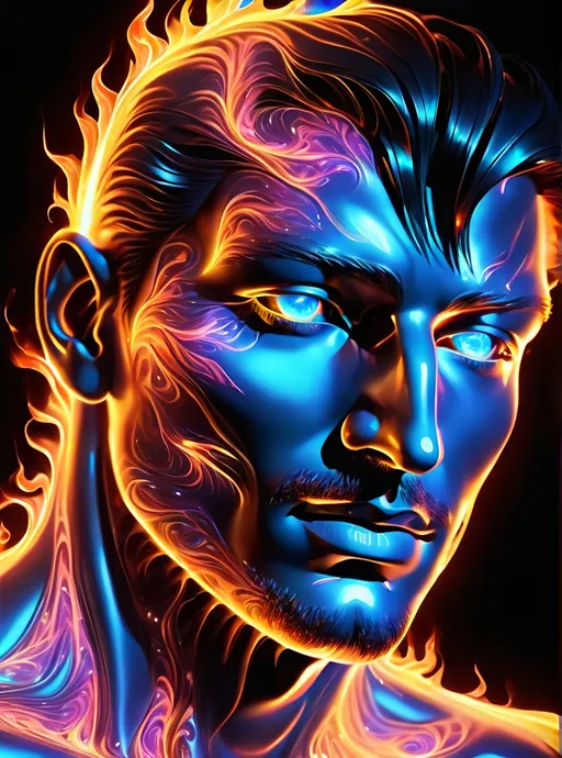 Prompt: (((Full figure))) a (hologram) of a man's face on a black background,Shutterstock, metaphysical painting, fractal fire, spiritual evolution, hologram, metaphysical painting (center) Black light, neon