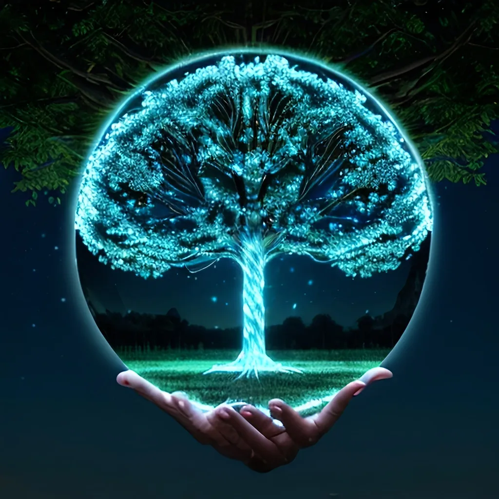 Prompt: 3D, Double exposure, Double masking, a huge, huge bioluminescent orb with the tree of life, sparkling