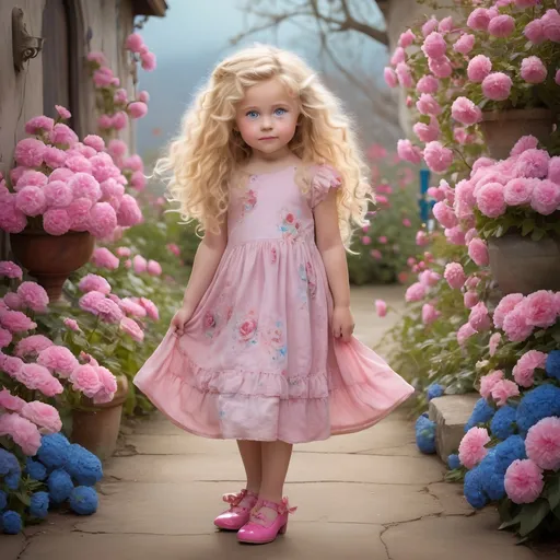 Prompt: The image portrays a dreamy and whimsical scene:
A child with long blonde messy Curley hair, big round blue eyes, rosey cheeks, she is wearing a girly pink dress, (((full figure from head to toes.))) she Sparkley pink shoes on.  Background is beautiful flowers all around
The overall composition exudes an artistic and fantastical vibe.