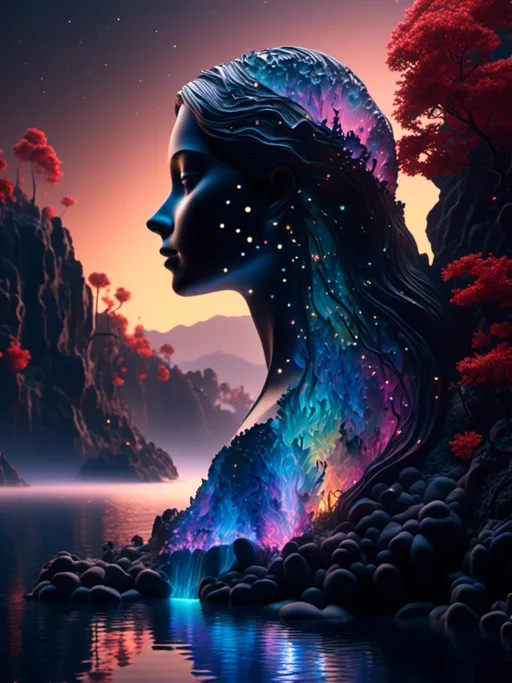 Prompt: <mymodel> Photo 3d 8k uhd hyper detailed ultra realistic representation relief side view, the silhouette of the head of a woman with long hair, inside the woman is a landscape with waterfall lake and trees, colors black white red.