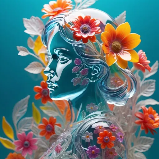 Prompt: 3D double exposure, A detailed and vibrant transparent glass sculpture of a woman with flowers, intricate details, surreal, colorful background