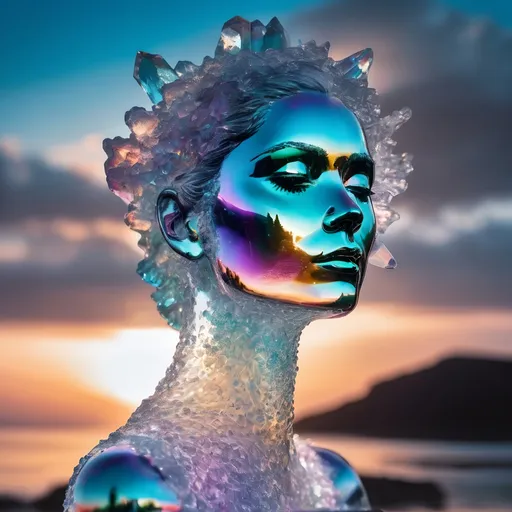 Prompt: 3D. Double exposure. Close up of  A person that is made of (((glass))), translucent, hologram, phantasm, surreal, chimerical composed of glass, (((no visible skin)))or physical features, "crystal sculpture with an island on head,dripping flowing" ocean for background with a mesmerizing  sun set .  Highly detailed shot of an (((iridescence))) crystal sculpture in the shape of a graceful dancer she is wearing a long flowing dress, inside a geode, (((translucent:1.5))), (((crystalline skin:1.5))), full-body shot, vibrant background, full motion effects, diagonal view, crystal particles everywhere, back light, ultra sharp focus, high speed shot, vibrant color, Bioluminescence, high quality