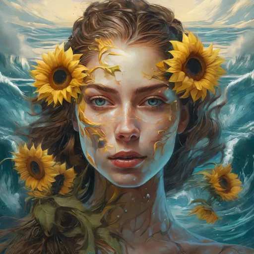 Prompt: a mesmerizing woman with sunflowers in her hair and a wave of water behind her is a painting of a woman's face, Android Jones, analytical art, highly detailed digital art, a detailed painting