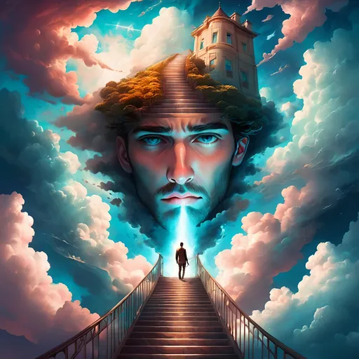 Prompt: a surreal painting of a stairway leading to a door in the sky with a man's face on it, Cyril Rolando, fantasy art, fantasy artwork, a detailed matte painting