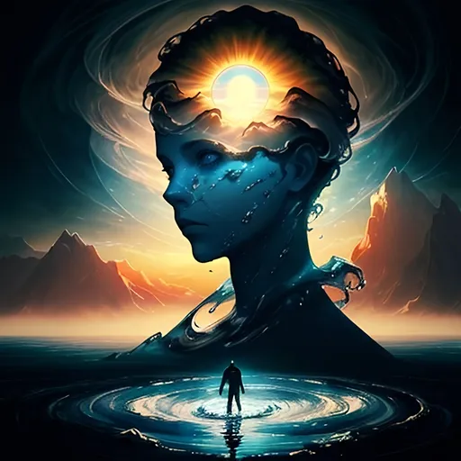 Prompt: 3D double exposure, double masking, a man standing in front of a mountain range with a sun in the background and a sky with clouds, Anato Finnstark, fantasy art, dark fantasy art, concept art beautiful  woman, surrounded by a dynamic swirl of water against a background of sea and sky, highly detailed face, with the neck and part of the shoulders visible. A swirl of water surrounds the person's head, creating a visually stunning effect.