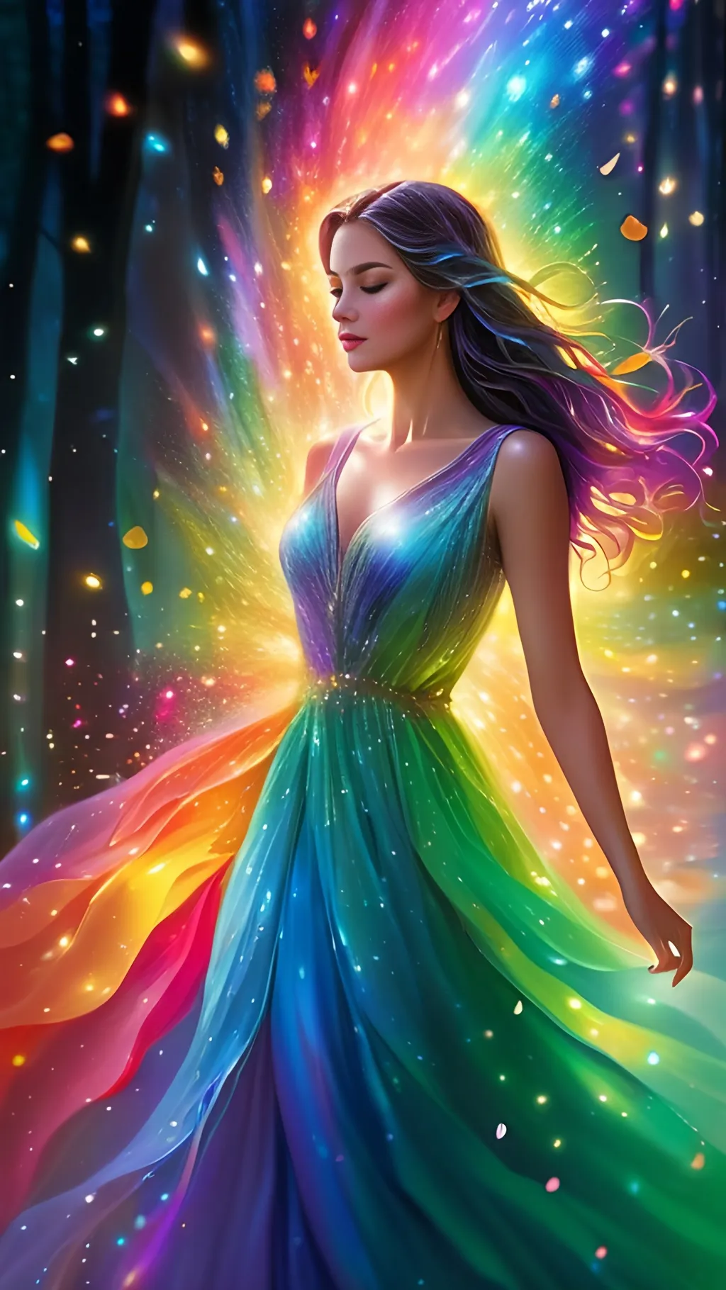 Prompt: A luminous, etherel mesmerizing woman walks among sparkling fireflies, her skin shimmering with a rainbow of colors. She possesses an otherworldly beauty.  This enchanting scene is depicted in a digitally painted illustration, each brushstroke capturing the magical essence of the scene. The vivid colors and exquisite details make this image a truly mesmerizing piece of art.