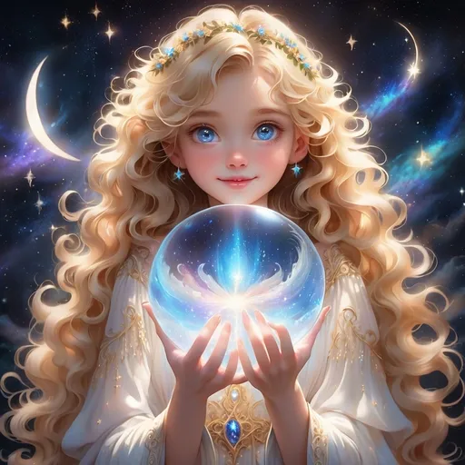 Prompt: Angelic girl with big round blue eyes, slightly smiling, long flowing blonde curly hair, holding a large luminous orb, night background with crescent moon, shining stars, and Milky Way galaxy, ethereal lighting, high res, detailed, fantasy, celestial, glowing orb, mesmerizing, dreamy, night sky, long hair, detailed eyes, enchanting, serene, soft pastel tones, super bioluminescent 