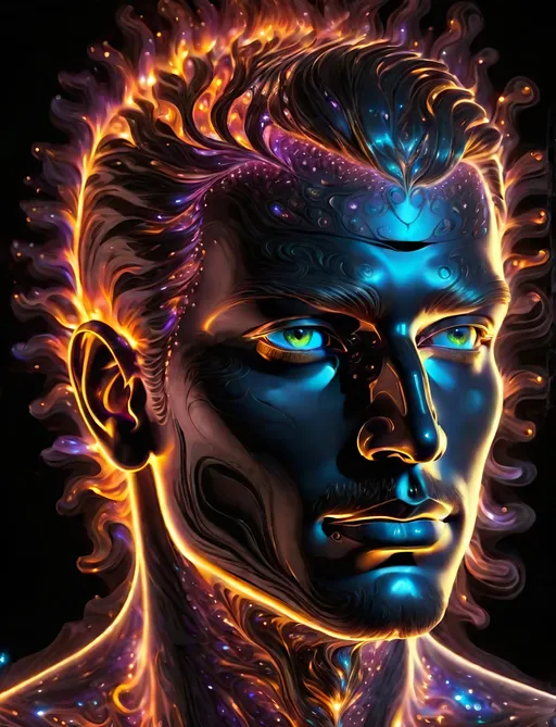 Prompt: (((Full figure))) a (hologram) of a man's face on a black background,Shutterstock, metaphysical painting, fractal fire, spiritual evolution, hologram, metaphysical painting (center) Black light, neon