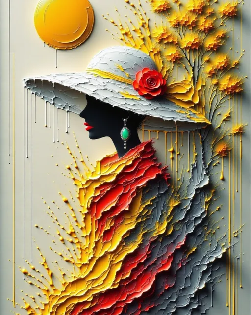 Prompt: This is a digital drawing in a surreal, whimsical art style. The subject is a feminine figure with a serene, closed-eye expression, adorned with vibrant, flowing scarfs that transitions from red to orange to yellow. Her scarfs are intricately styled with large, colorful flowers and abstract, swirling patterns. She is slightly looking over her left shoulder, She wears a large, white, wide-brimmed hat that partially obscures her face, adding to the ethereal feel. Her lips are painted a bold blood red, and she wears elegant, dangling earrings with green gemstones.

The figure's neck and shoulders are covered in a textured, dark gray, almost metallic-looking fabric that contrasts with the softness of her scarfs and hat. The background is a blend of pastel colors, including soft yellows, greens, and blues, with vertical lines that add a sense of depth and movement. The overall composition is delicate and dreamlike, with a mix of soft and bold colors, and the use of digital medium allows for smooth gradients and detailed textures.