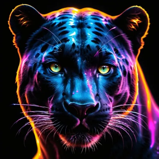 Prompt: hologram:1.8) of a panther on a black background, , Shutterstock, metaphysical painting, fractal fire, spiritual evolution, hologram 1.8 metaphysical painting  (((Full figure,)))double-masking photography, woman face, a bear, cosmic fire, fiorest,.vivid colors, negative space, photoillustration  macro close up