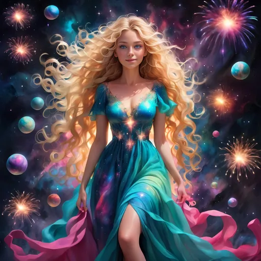 Prompt: 3D Double masking Luminarias (((mesmerizing girl luminaries sparkles))) she has long blonde Curley, messy hair, (((full figure from head to toes))) wearing a long flowing dress, Unveil the cosmos in a captivating Instagram Reel. A breathtaking nebula swirls with vibrant hues, birthing celestial fireworks of millions of stars., planets neon
