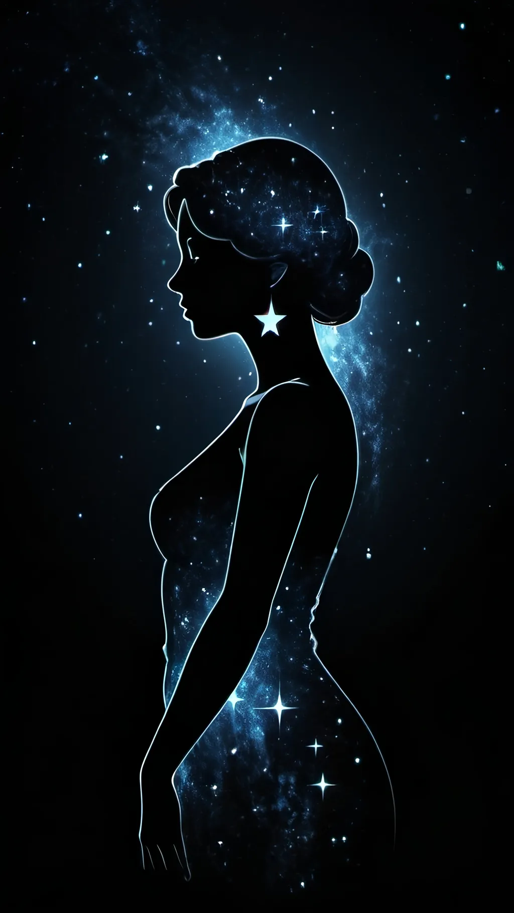 Prompt: 3D  high quality, 8K Ultra HD, ((( pitch black ground))) double exposure, beautifully designed goddess silhouette, thousands of stars superimposed on silhouette, awesome full color, high quality, ((( pitch black background)))