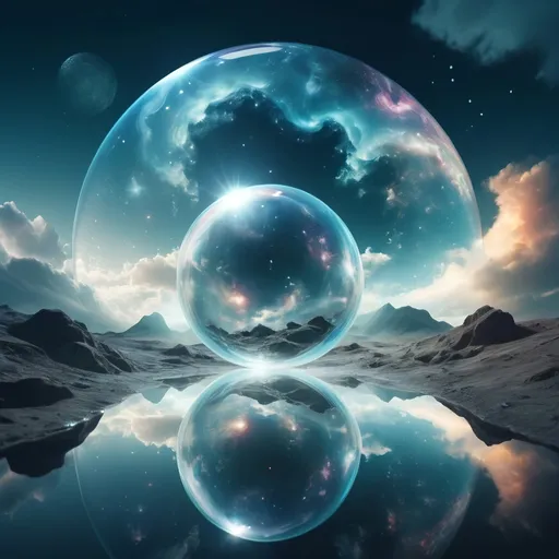Prompt: Interesting galaxies emerge from the depths of perspective in a mystical atmosphere, (((reflective objects))) surround the bright and very interesting weather in a dream of three-dimensional circular double exposure
