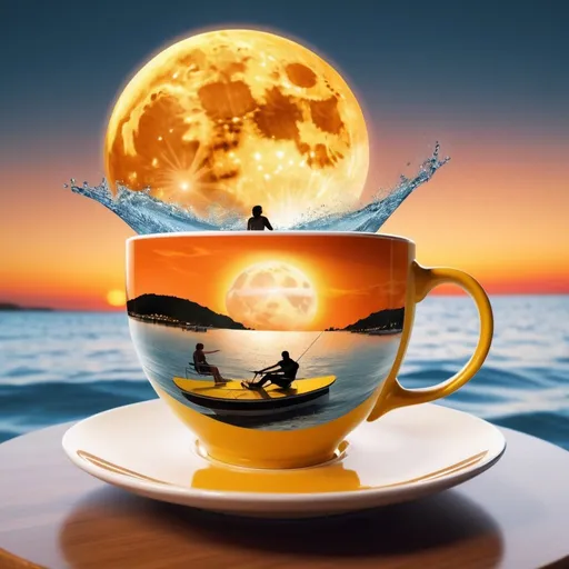 Prompt: 3D double exposure.  A huge cup and saucer filled with coffee sitting on a table.  Superimpose (((inside the cup))) is a boat pulling a water skier.  Background is sunset at the beach.  There is a huge yellow and orange moon. Vibrant colors, 8K high definition. Looking down on cul