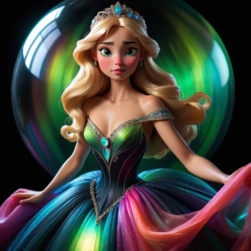 Prompt: She is wearing a glowing ball gown replica of the aurora borriales.  Vibrant and translucent.  Reflections surround her.  The background is pitch black, very subtle lighting