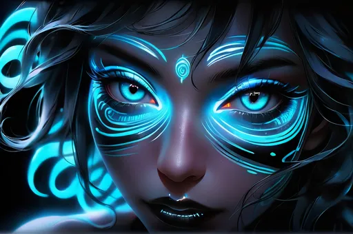 Prompt: 3D HD 8K a very very macro close up (her lips, and eye) of a woman with a neon, black light face her eyes are mystical blue, with a spiral neon design on it's face, her finger is gently on her mouth,  a black background, neon, black light, psychedelic art, highly detailed digital painting, cyberpunk art