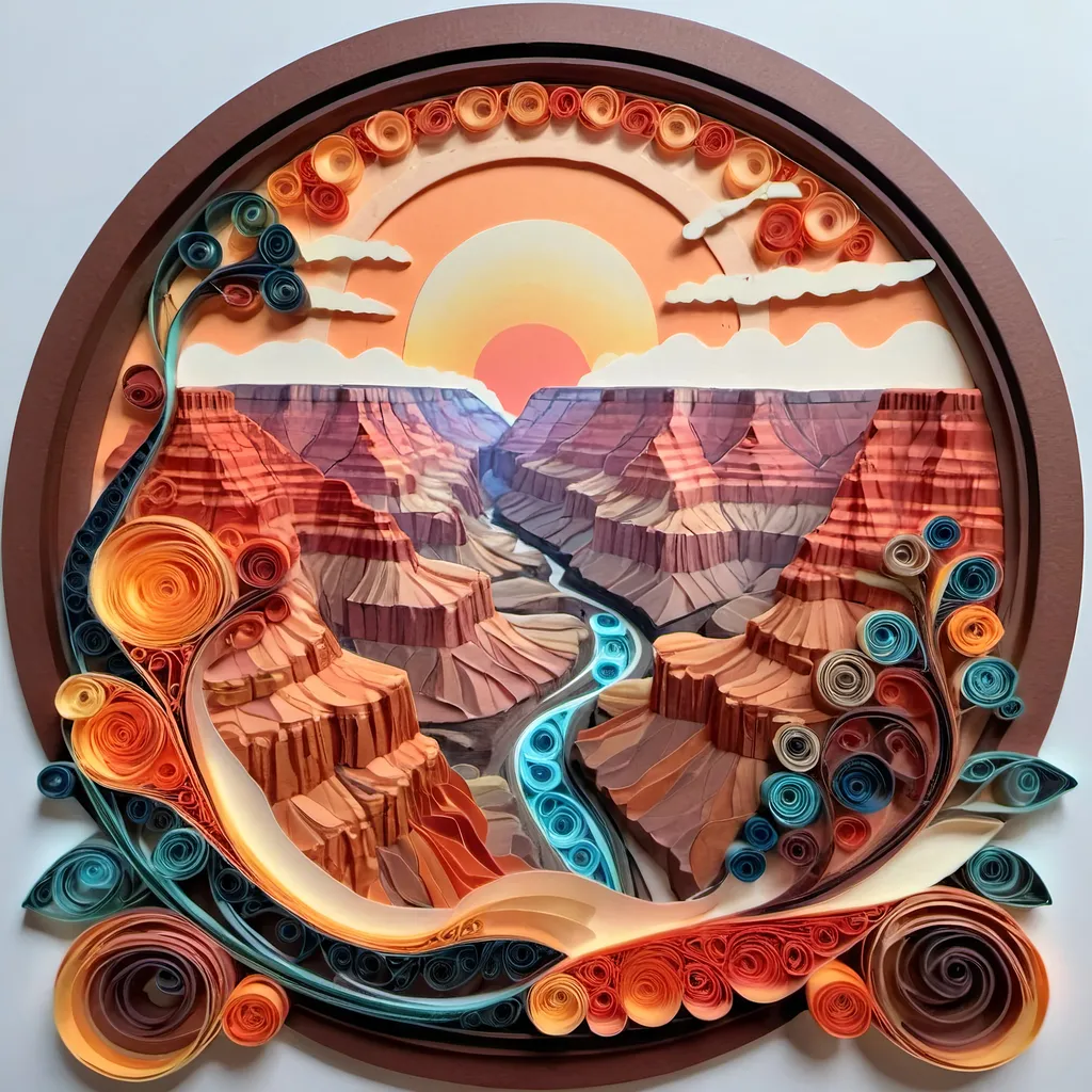 Prompt: 3D. Paper quilling. Grand Canyon at sunset