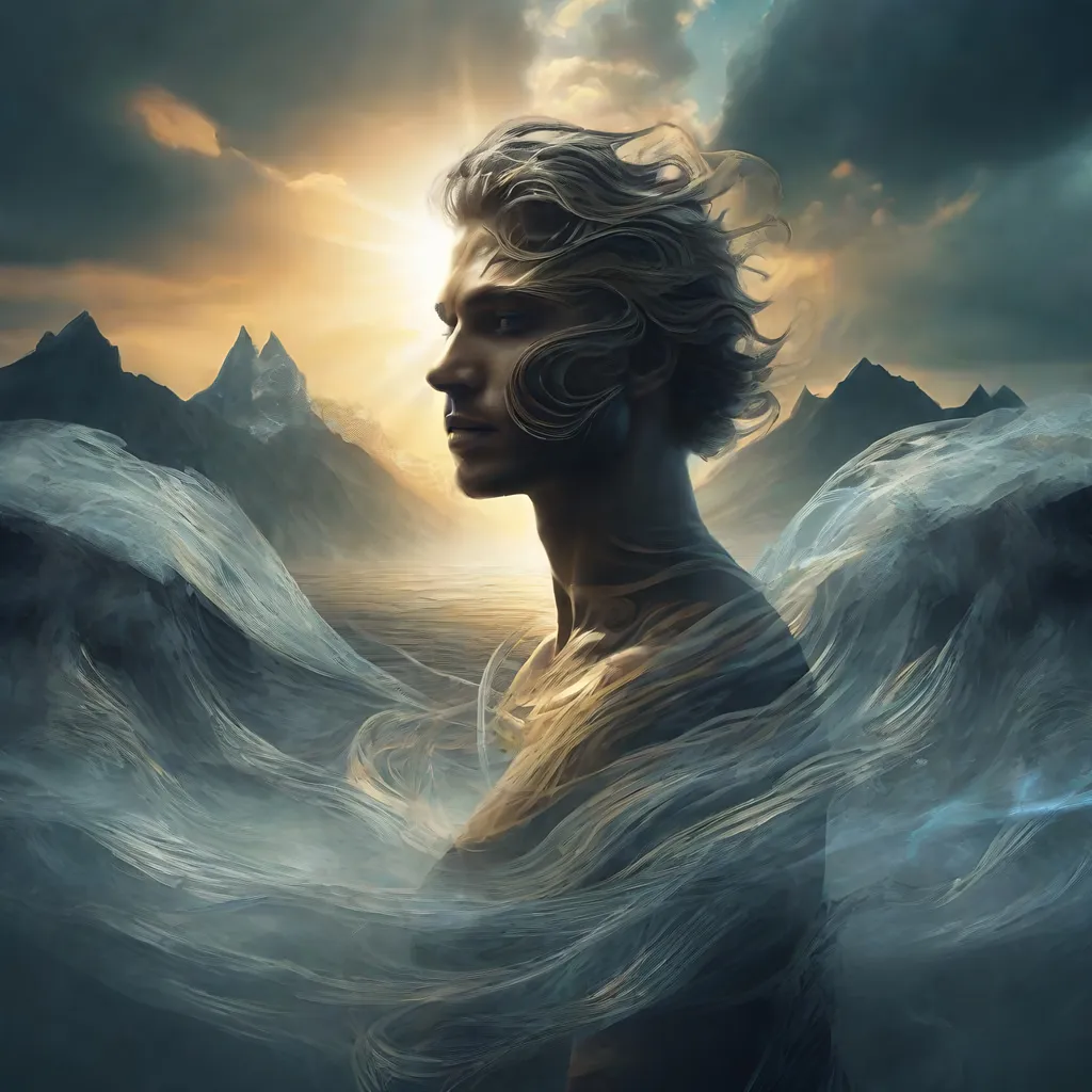 Prompt: 3D double exposure, double masking, a man standing in front of a mountain range with a sun in the background and a sky with clouds, Anato Finnstark, fantasy art, dark fantasy art, concept art beautiful  woman, surrounded by a dynamic swirl of water against a background of sea and sky, highly detailed face, with the neck and part of the shoulders visible. A swirl of water surrounds the person's head, creating a visually stunning effect.