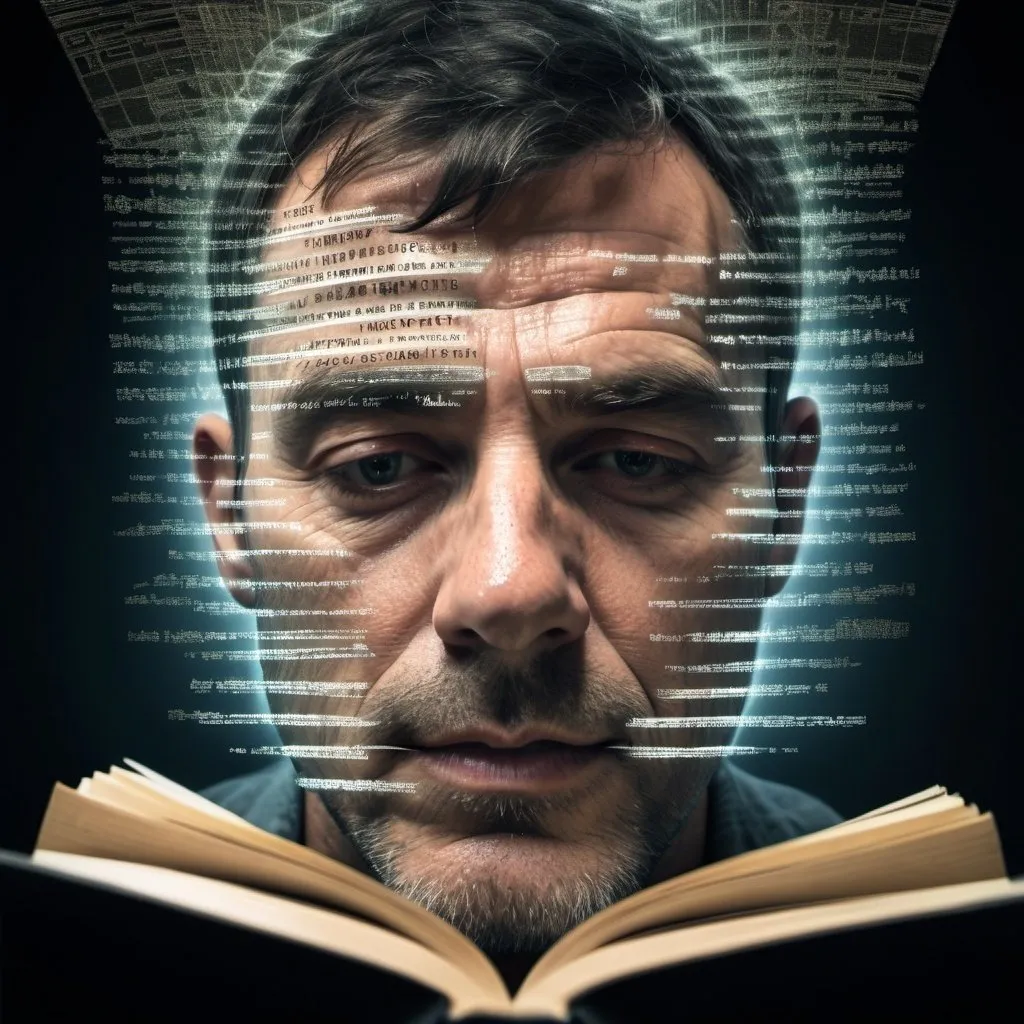 Prompt: Surreal 4D HD 8K multiple exposure, image of man’s face, reading a book; the large  words from the book are written onto his whole face 
