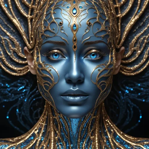 Prompt: A face with eyes of mythic beauty, all blue tones, gold, silver, copper mettallic Black Background Ripples Digital Photograph 3 D Digital Art Photo Fantasy Art Intricate Equisite Elegant Realism Twinkling Sparkles color filigree ripples hyper detail, 3D, 8 K, UHD, realism Fantasy Art 
