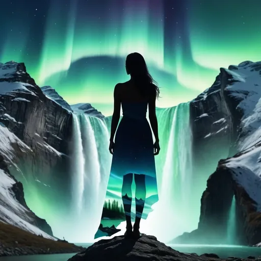 Prompt: 3D  double-masking photography,, double exposure photography, mountains,  Aurora borealis, waterfalls, aurora all in (((giant silhouette of a woman))), massive scale, deep perspective, UHD