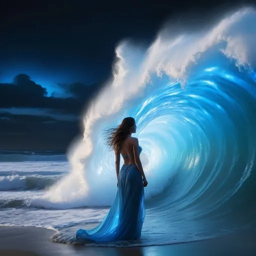 Prompt: Depicting a mesmerizing scene, a woman with vibrant blue lights emitting from her back exudes a powerful aura of energy. She stands before an immense wave, gracefully embodying its force. This captivating image, reminiscent of a digitally manipulated photograph, showcases the woman's intense presence, with the radiant blue lights illuminating her surroundings. The impeccable resolution and expert composition highlight the meticulous attention to detail, further enhancing the viewer's engagement with this enchanting depiction.