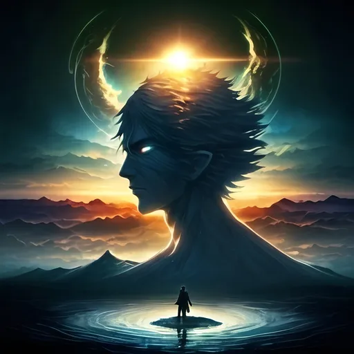 Prompt: 3D double exposure, double masking, a man standing in front of a mountain range with a sun in the background and a sky with clouds, Anato Finnstark, fantasy art, dark fantasy art, concept art beautiful  woman, surrounded by a dynamic swirl of water against a background of sea and sky, highly detailed face, with the neck and part of the shoulders visible. A swirl of water surrounds the person's head, creating a visually stunning effect.