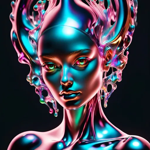 Prompt: Abstract glossy, fluid-like transparent 3D HD 8k centered, a woman with a futuristic head and a futuristic body,  Alberto Seveso, very shiny, carnival glass, holography, iridescent, a hologram, fluid light