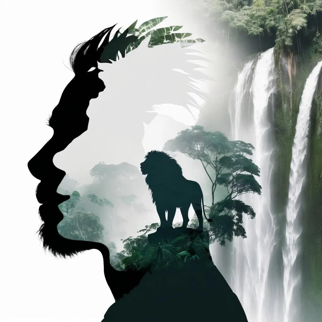 Prompt: a surreal double exposure photograph depicting a silhouette, a face of lion, waterfall and a dense jungle, background should be minimalist and white