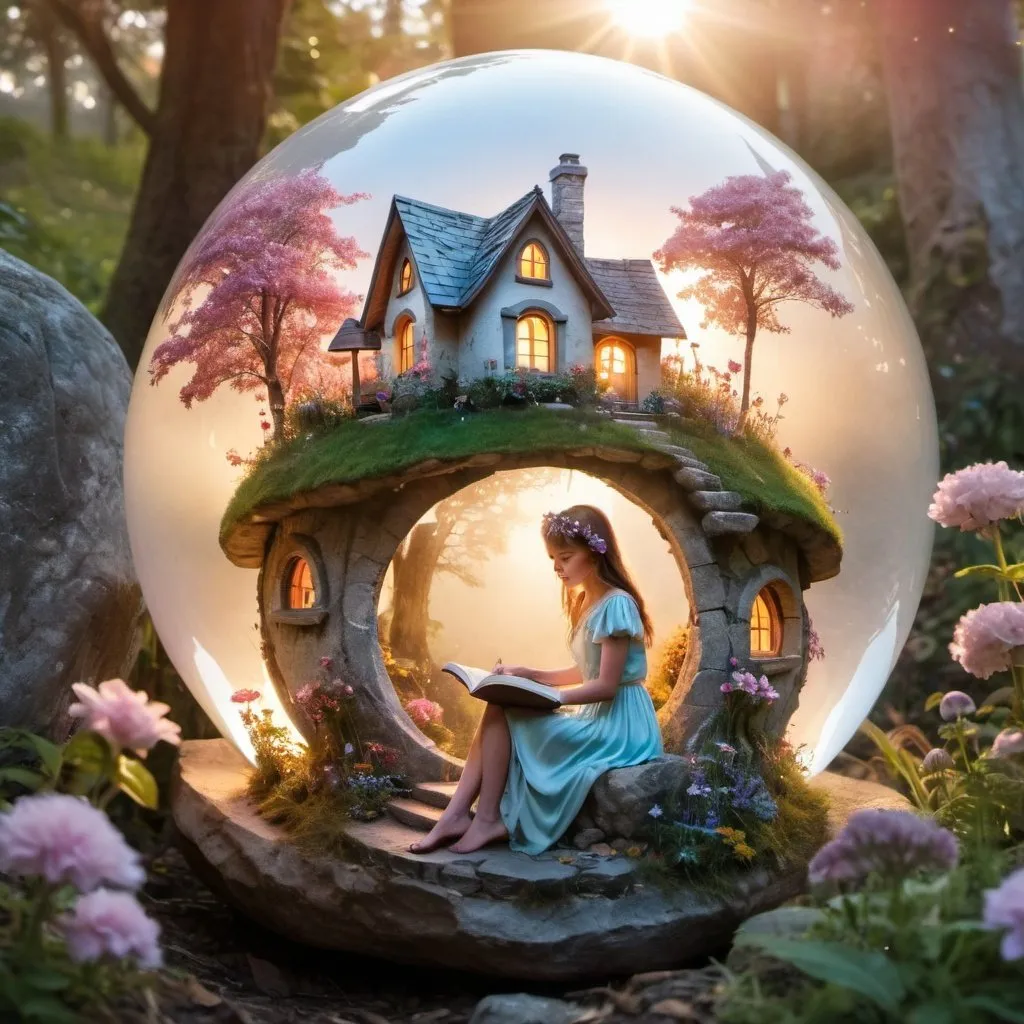 Prompt: 3D. Multiple exposure. Background A fairy home with lots of flowers and trees all around. There is a huge crystal clear orb,  Behind this orb there is a beautiful girl sitting on a big rock reading a book.  She looks like she is in the orb.  The fairy cottage is not in the orbSunset