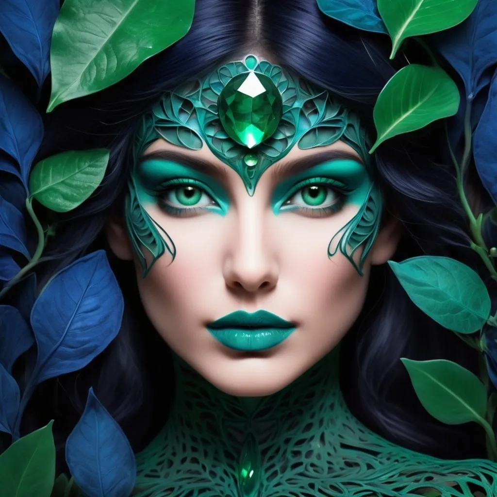 Prompt: Biomimicry nature inspired design on a pretty woman's face selective color emerald green and indigo color