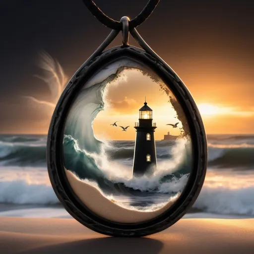 Prompt: an amulet, filled with the essence of a light house, sunset atmosphere, each detail inside the amulet - huge waves, a sandy shore, seagulls, sunset - captured as if alive, double exposure within the amulet to convey a sense of immersion, ethereal quality ,  black background