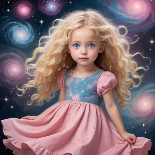 Prompt: The image portrays a dreamy and whimsical scene:
A child with long blonde messy Curley hair, big round blue eyes, rosey cheeks, she is wearing a girly pink dress, full figure from head to toes.  Background is celestial, galaxies all around
The overall composition exudes an artistic and fantastical vibe.