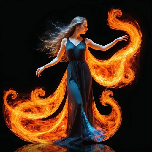 Prompt: hologram:1.8) of a woman dressed in a long flowing gown dancing with fire on a black background, , Shutterstock, metaphysical painting, fractal fire, spiritual evolution, hologram 1.8 metaphysical painting  (((Full figure,)))double-masking photography, woman face, cosmic fire, fiorest,.vivid colors, negative space, photoillustration  