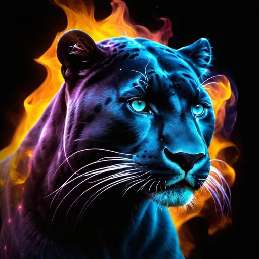 Prompt: hologram:1.8) of a panther on a black background, , Shutterstock, metaphysical painting, fractal fire, spiritual evolution, hologram 1.8 metaphysical painting  (((Full figure,)))double-masking photography, woman face, a bear, cosmic fire, fiorest,.vivid colors, negative space, photoillustration  macro close up