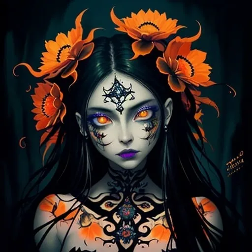 Prompt: Beautiful  hybrid woman with orange flowers sprouting from her, oil painting, detailed fiery eyes, ethereal glow, dark and mysterious, black light, high quality, vibrant colors, surreal, haunting, intricate floral details, intense gaze, mystical atmosphere, oil painting, demon, hybrid, fiery eyes, ethereal, vibrant colors, surreal, haunting, floral details, intense gaze, irredecent, mystical atmosphere